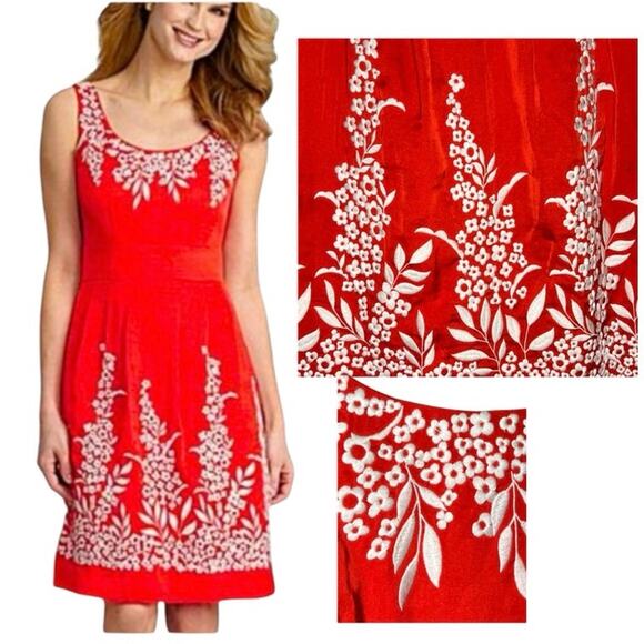 ANTONIO MELANI Dresses & Skirts - Antonio Melani Embroidered Floral Red Dress Knee Length Size 2 Bright Preppy